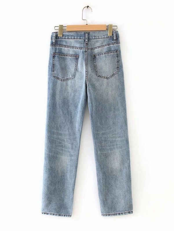 Blugi de dama model drept cu motive rupte in albastru