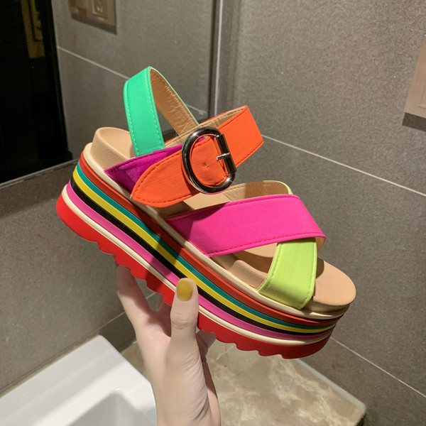 Sandale de dama colorate moderne cu platforma in doua culori