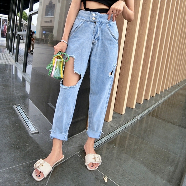 Blugi de dama model lat cu efect rupt de culoare albastru deschis