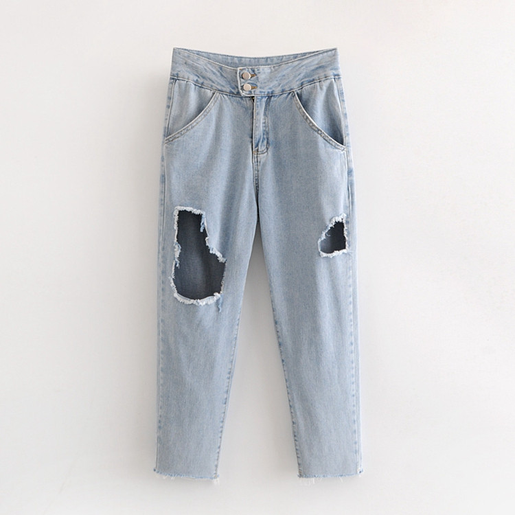 Blugi de dama model lat cu efect rupt de culoare albastru deschis