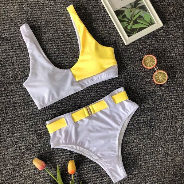 Costum de baie de dama model nou in doua parti cu pantaloni cu talie inalta si curea