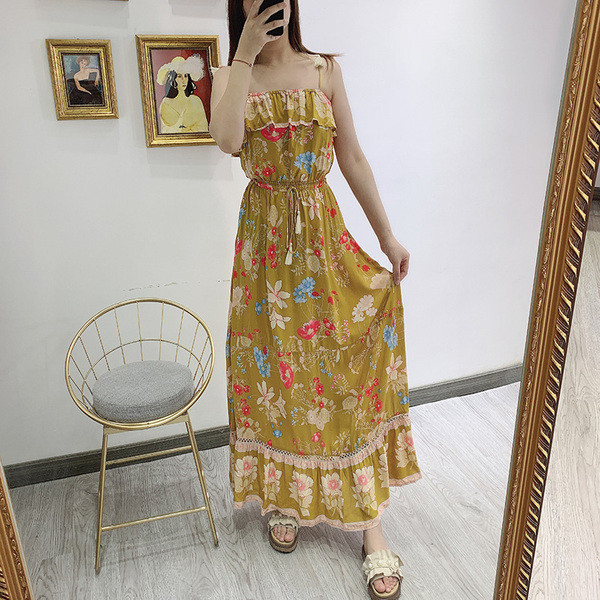 Rochie casual de dama cu cravate in talie si bretele subtiri cu model floral