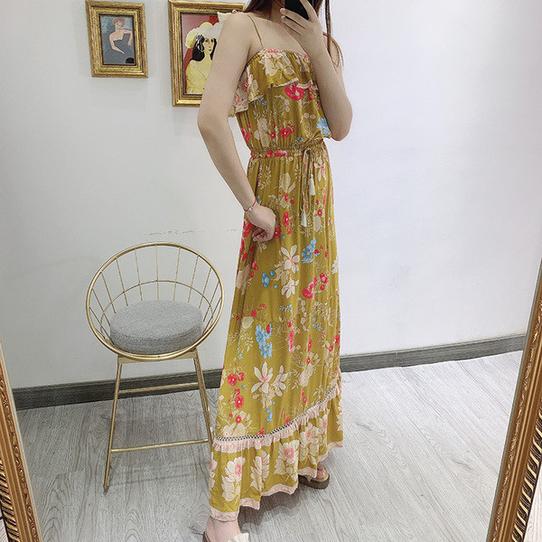 Rochie casual de dama cu cravate in talie si bretele subtiri cu model floral