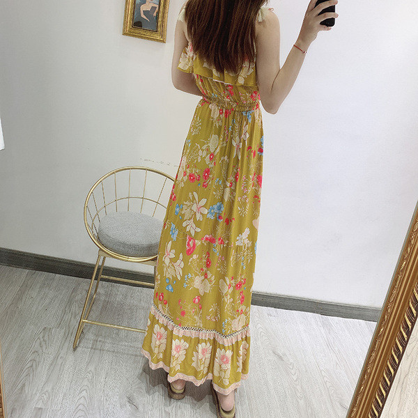 Rochie casual de dama cu cravate in talie si bretele subtiri cu model floral