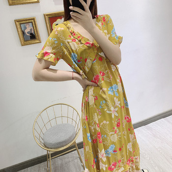 Rochie lungă casual de damă, cu decolteu în V și mâneci scurte