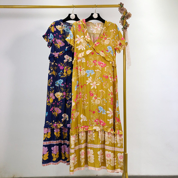 Rochie lungă casual de damă, cu decolteu în V și mâneci scurte