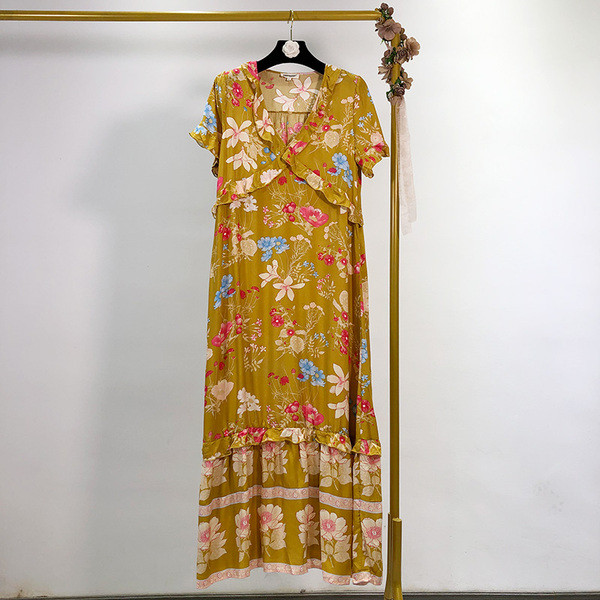 Rochie lungă casual de damă, cu decolteu în V și mâneci scurte