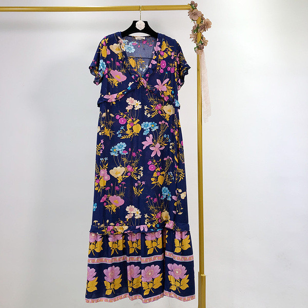 Rochie lungă casual de damă, cu decolteu în V și mâneci scurte