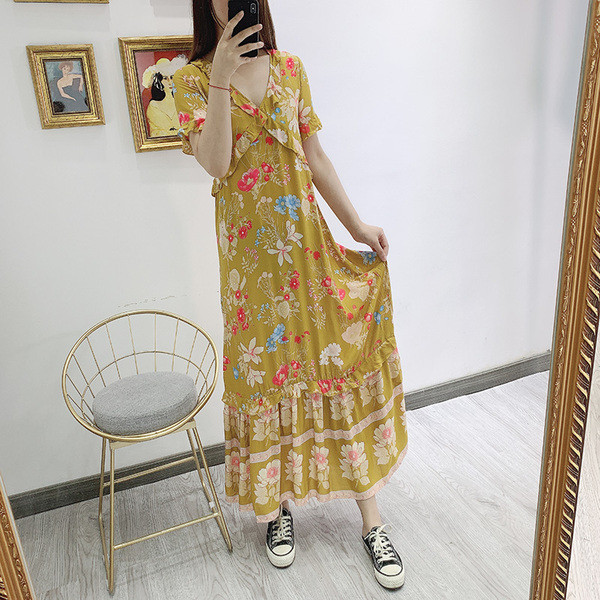 Rochie lungă casual de damă, cu decolteu în V și mâneci scurte