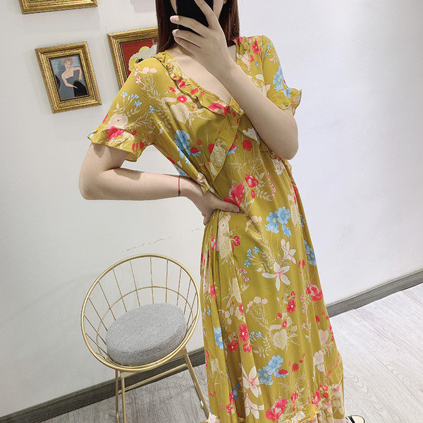 Rochie lungă casual de damă, cu decolteu în V și mâneci scurte