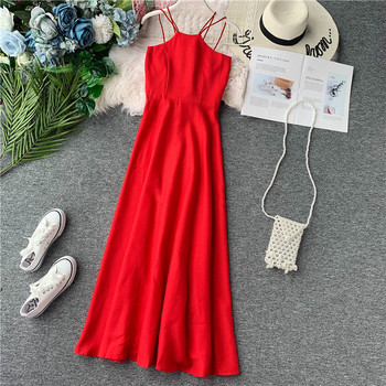 Rochie lunga de dama cu bretele subtiri in rosu si alb