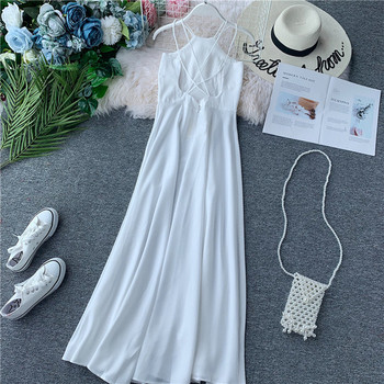 Rochie lunga de dama cu bretele subtiri in rosu si alb