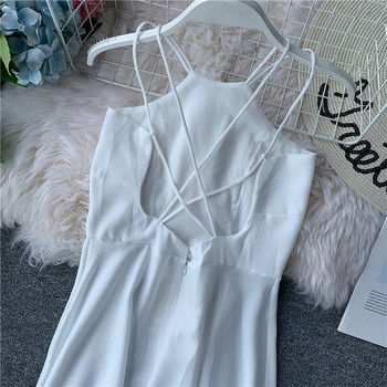 Rochie lunga de dama cu bretele subtiri in rosu si alb