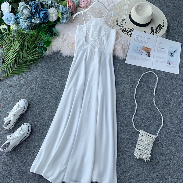 Rochie lunga de dama cu bretele subtiri in rosu si alb