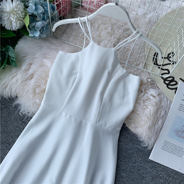 Rochie lunga de dama cu bretele subtiri in rosu si alb