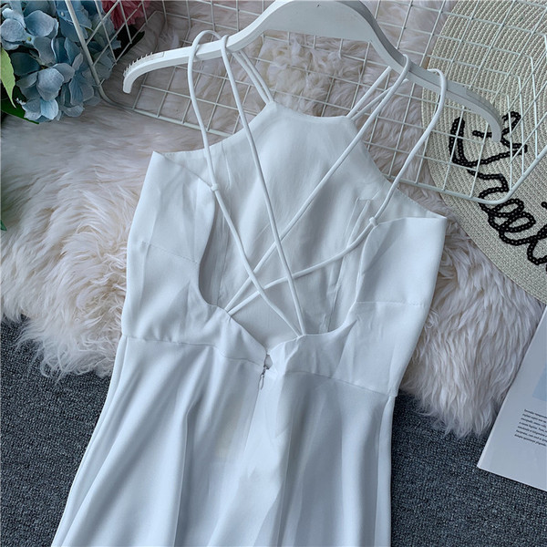 Rochie lunga de dama cu bretele subtiri in rosu si alb