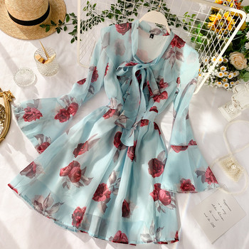 Модерна дамска рокля с флорален десен в розов и син цвят