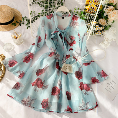 Модерна дамска рокля с флорален десен в розов и син цвят