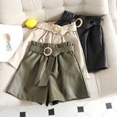 Pantaloni scurti de dama din imitatie de piele cu curea in trei culori