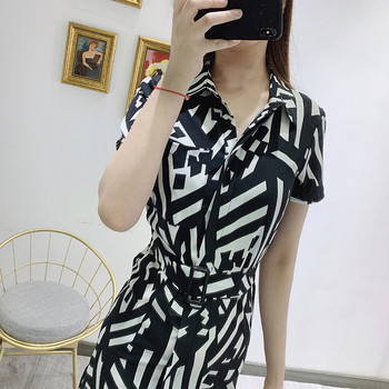 Дамска къса рокля с къс ръкав и връзки на талията