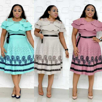 Rochie elegantă de damă cu decolteu O în albastru, bej și roz