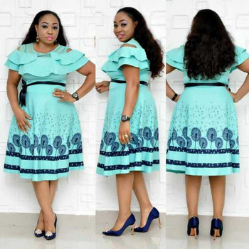 Rochie elegantă de damă cu decolteu O în albastru, bej și roz