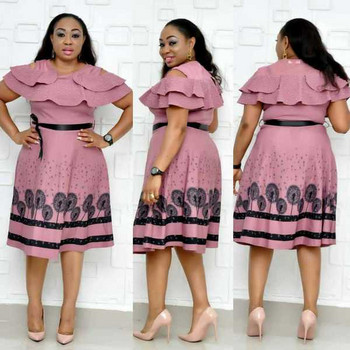 Rochie elegantă de damă cu decolteu O în albastru, bej și roz