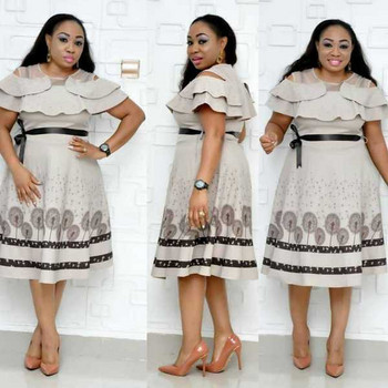 Rochie elegantă de damă cu decolteu O în albastru, bej și roz