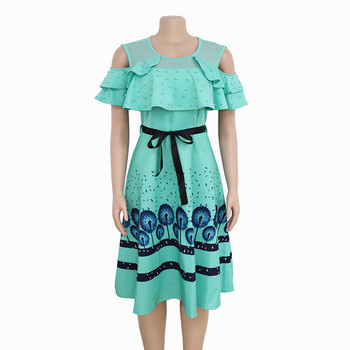 Rochie elegantă de damă cu decolteu O în albastru, bej și roz