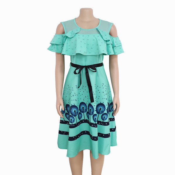 Rochie elegantă de damă cu decolteu O în albastru, bej și roz