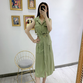 Rochie casual de dama cu guler clasic si centura in talie de culoare verde