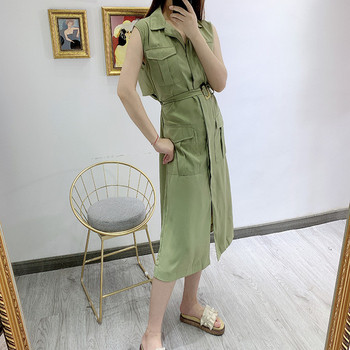 Rochie casual de dama cu guler clasic si centura in talie de culoare verde