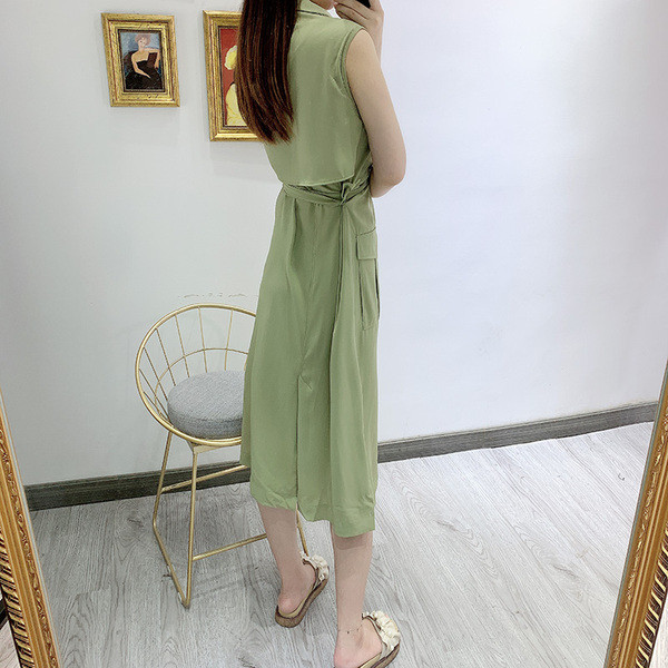 Rochie casual de dama cu guler clasic si centura in talie de culoare verde