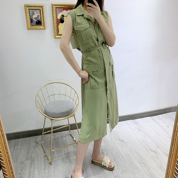 Rochie casual de dama cu guler clasic si centura in talie de culoare verde