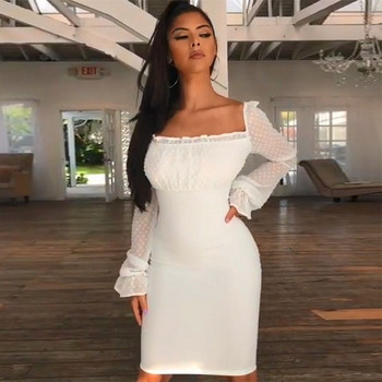 Стилна дамска рокля Slim модел с дълъг ръкав в бял цвят