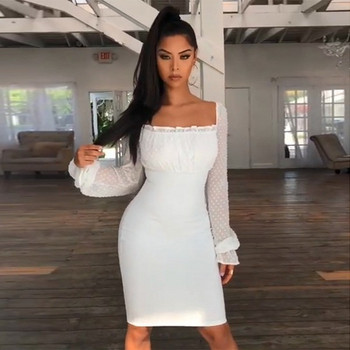 Стилна дамска рокля Slim модел с дълъг ръкав в бял цвят