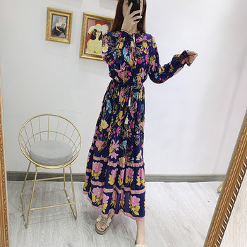 Rochie lunga de dama cu maneci lungi si cravate in talie