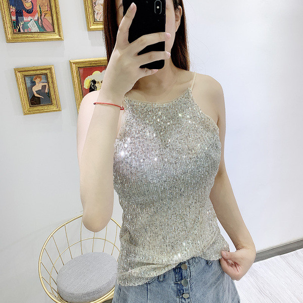 Top de damă elegant cu bretele subțiri cu paiete
