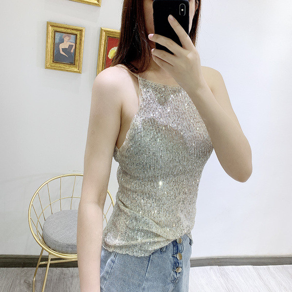 Top de damă elegant cu bretele subțiri cu paiete