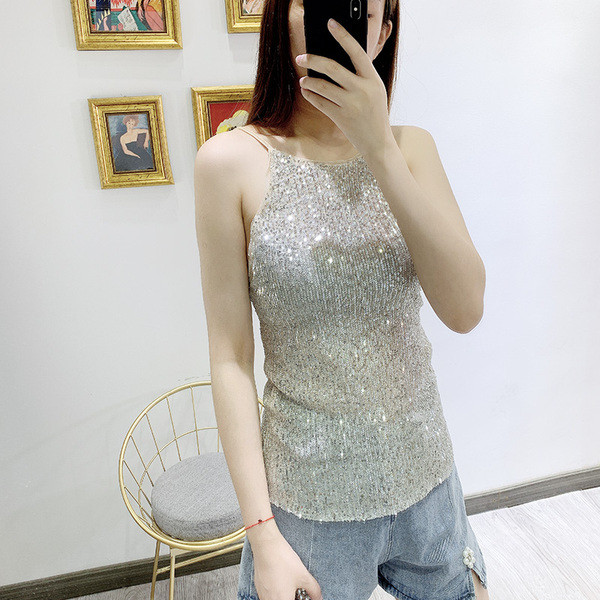 Top de damă elegant cu bretele subțiri cu paiete