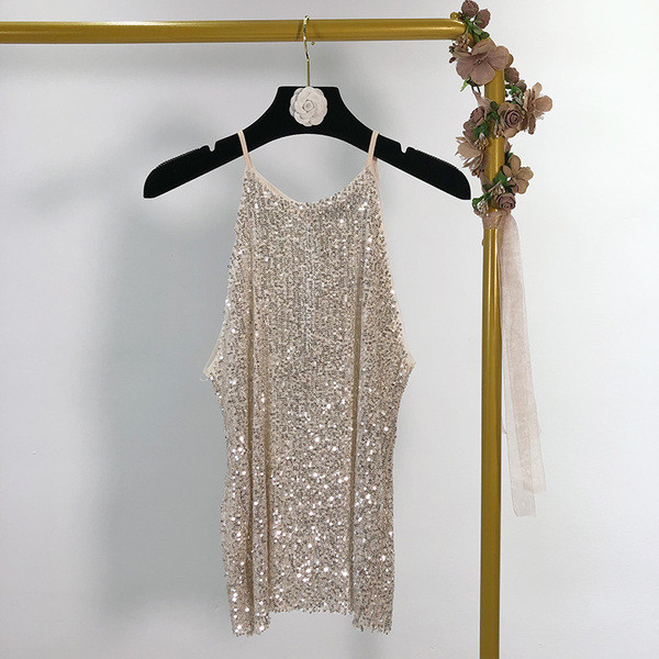 Top de damă elegant cu bretele subțiri cu paiete