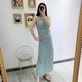 Rochie de dama lunga cu bretele subtiri in albastru si paiete