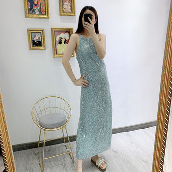 Rochie de dama lunga cu bretele subtiri in albastru si paiete