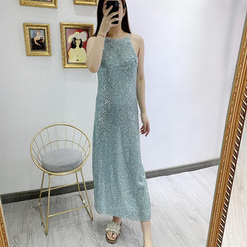 Rochie de dama lunga cu bretele subtiri in albastru si paiete