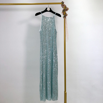 Rochie de dama lunga cu bretele subtiri in albastru si paiete