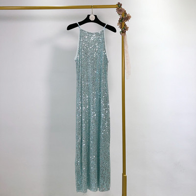 Rochie de dama lunga cu bretele subtiri in albastru si paiete