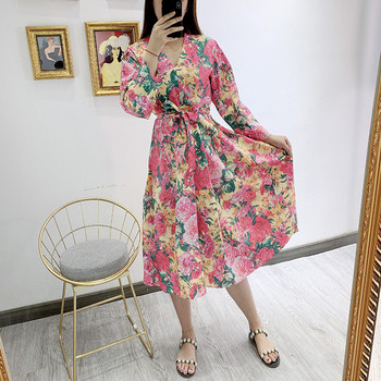 Rochie de dama cu decolteu in V si maneci 7/8, cravate in talie cu model floral