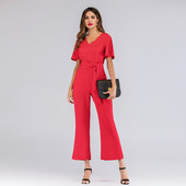 Κομψή Γυναικεία ολόσωμη φόρμα με  κοντό μανίκι με κόκκινο χρώμα