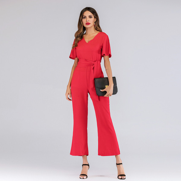 Κομψή Γυναικεία ολόσωμη φόρμα με  κοντό μανίκι με κόκκινο χρώμα