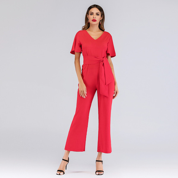 Κομψή Γυναικεία ολόσωμη φόρμα με  κοντό μανίκι με κόκκινο χρώμα